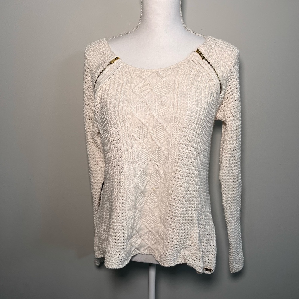 Guess Est 1981 Cream Cable Knit Shoulder Zip‎ Sweater Womens Medium Off White